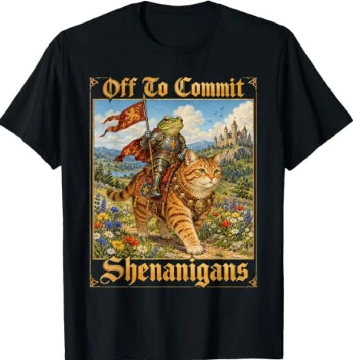 Off to Commit Shenanigans Funny Medieval Frog Knight Meme T-Shirt