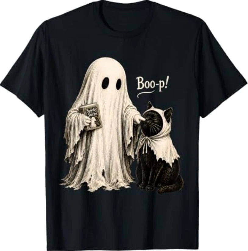 Vintage Halloween Spooky Book Ghost with Black Cat Boo-p T-Shirt