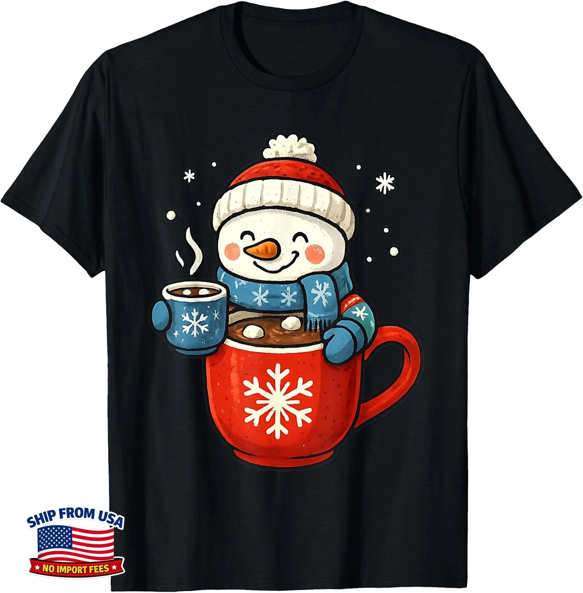 Cute Snowman Drink Hot Cocoa Christmas Winter Vintage T-Shirt