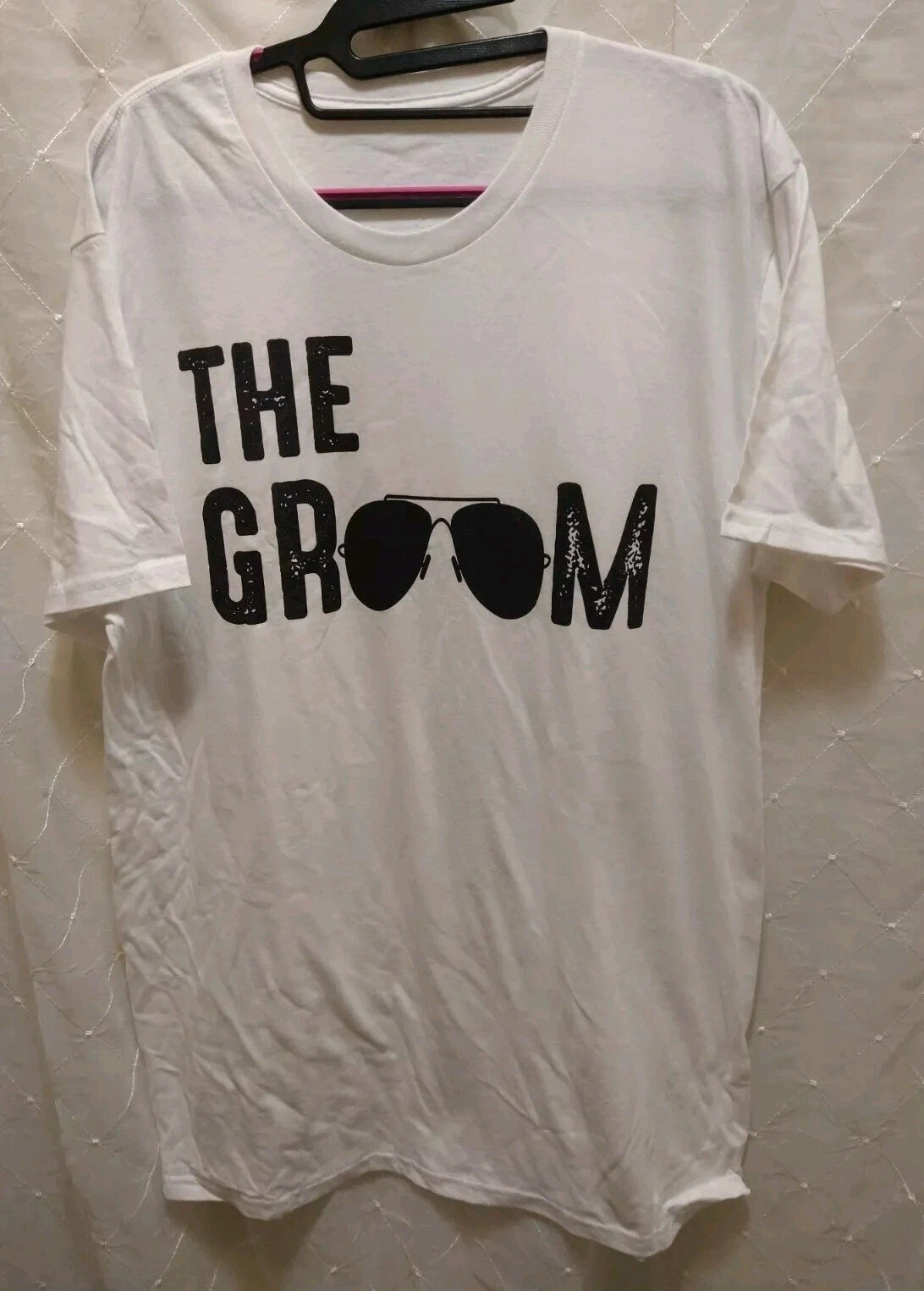 Men Large White T-Shirt "The Groom" Wedding Bachelor Party Sunglasses Celebrate