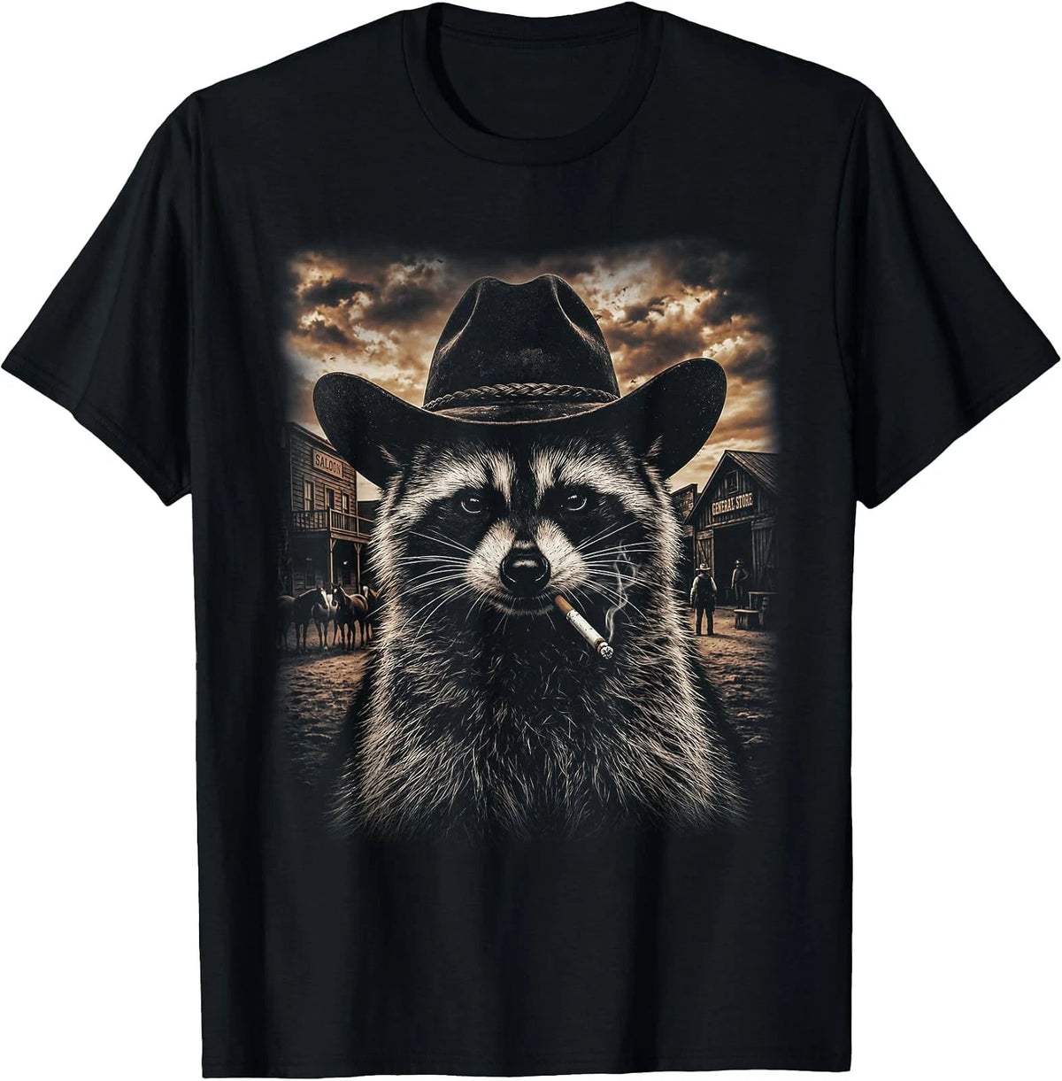 Humorous Cowboy Raccoon Western Style Trash Panda Graphic Tee