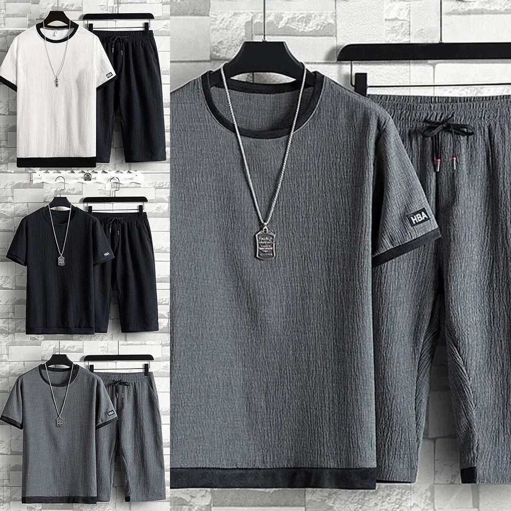 Trendy Mens Casual Set including Ice Silk Short Sleeve T Shirt and Shorts