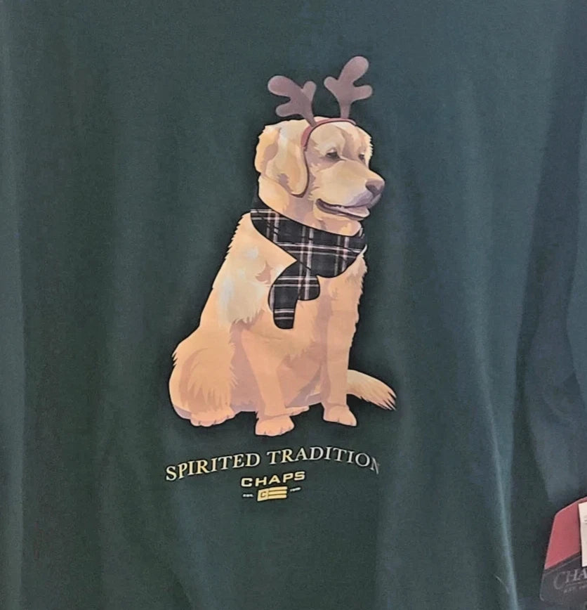 CHAPS Mens Size LARGE Vintage Christmas Dog T-shirt NEW Holiday Lab Green