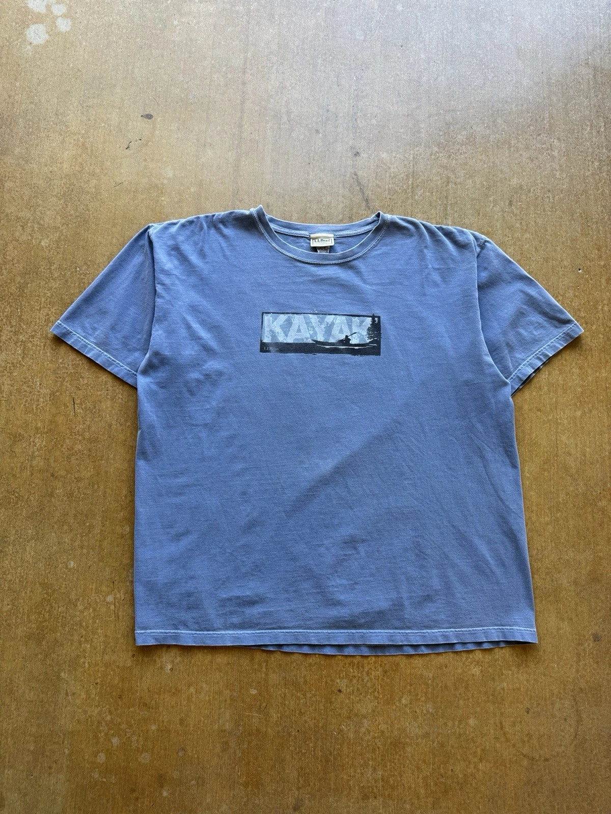 VTG LL Bean Kayak Box Logo Faded Washed Baby Blue Outdoors T-Shirt XL
