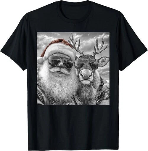 Funny Santa Claus Reindeer Selfie Cool Retro Christmas T-Shirt