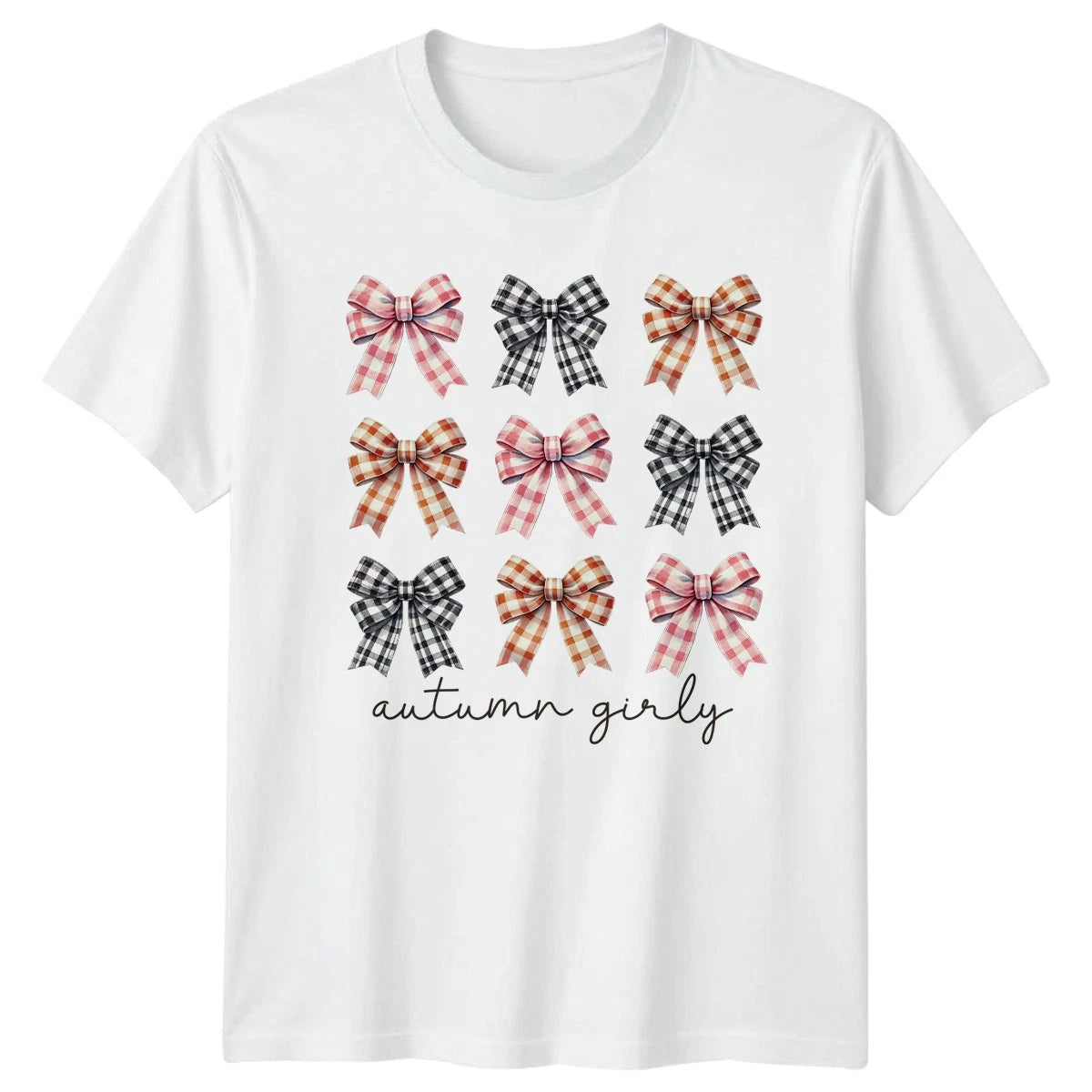 Gingham Check Plaid Bows Pattern Women T-Shirt Cottagecore Aesthetic Fall Season