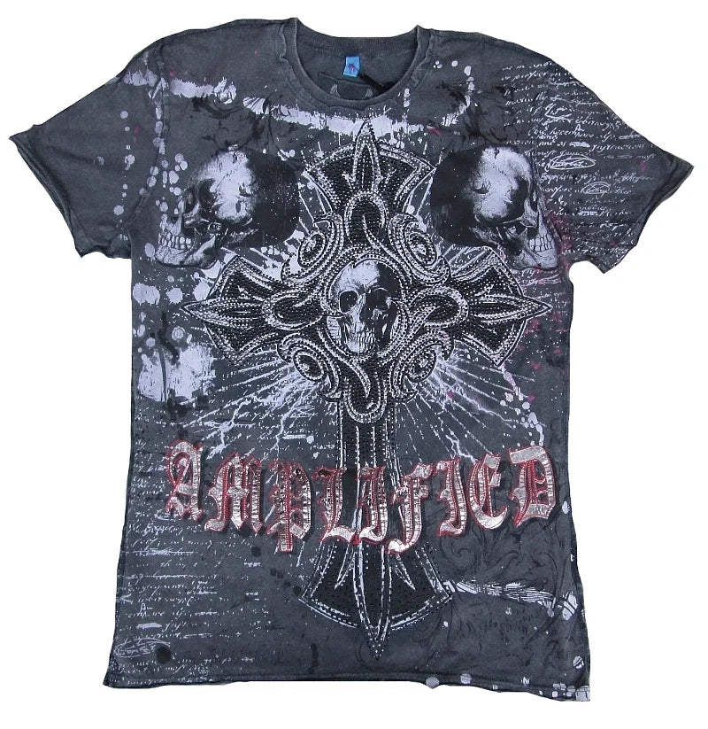 Cool Amplified Sain Gothique Cross Tête de Mort Strass Rocker Biker T-shirt L 52