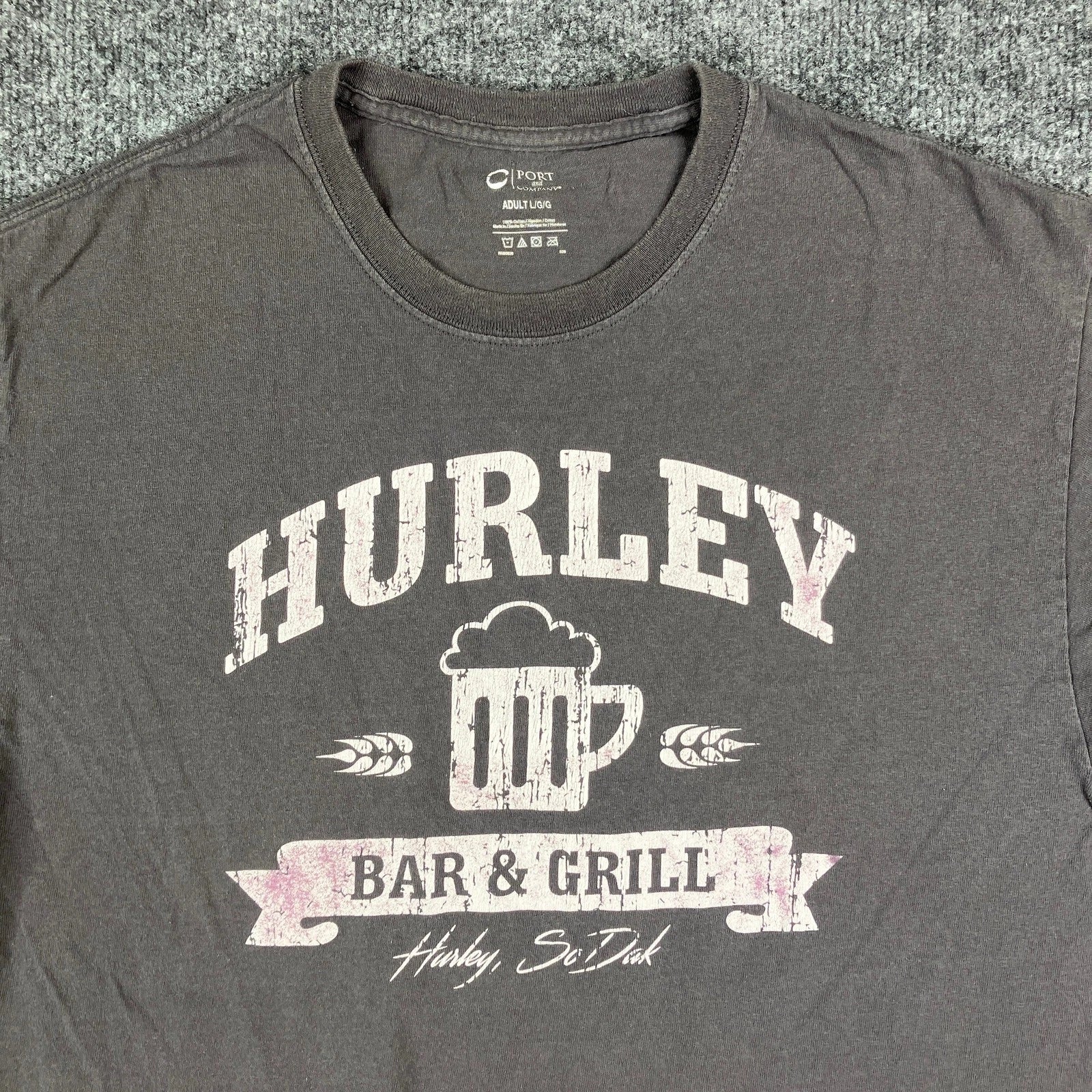 Port & Company T-Shirt Mens Size L Gray Hurley Bar Grill Beer Graphic Crewneck