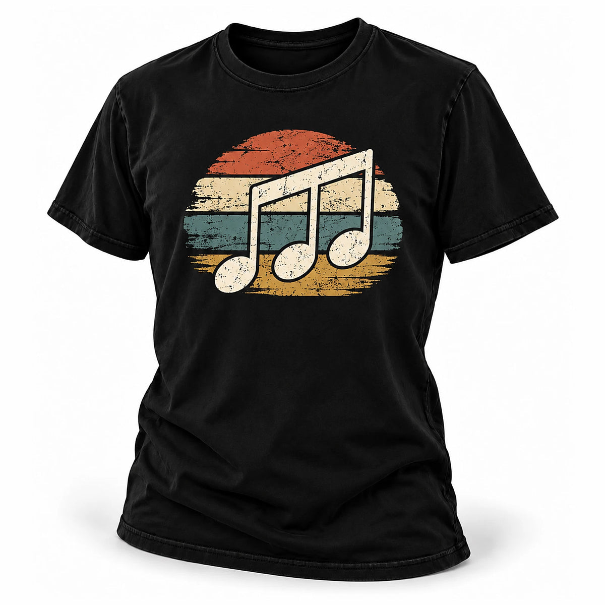 Retro Sunset Music Notes Vintage Distressed Musician Graphic Tee Black Shirt