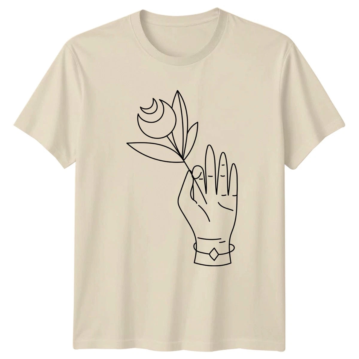 Hand Holding Celestial Flower Design Womens T-Shirt Minimalist Botanical Floral