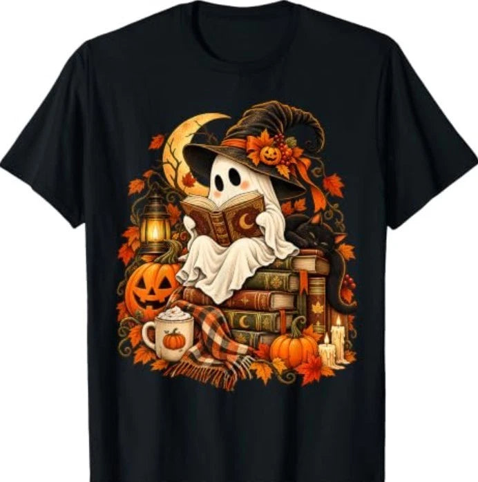 Ghost Reading Book Black Cat Lovers Autumn Fall Halloween T-Shirt