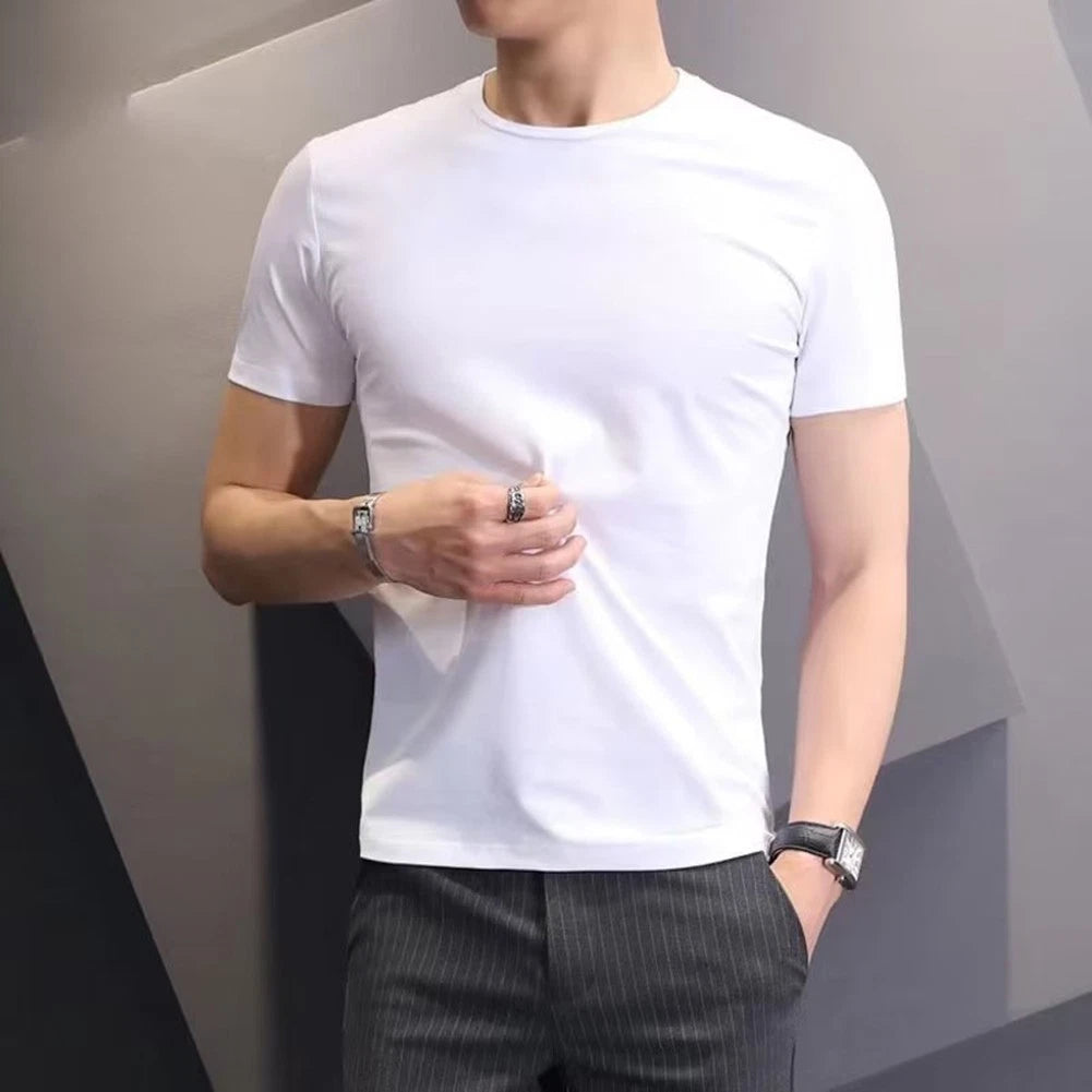 Trendy Pullover Men's Slim Fit Tees with Solid Colors and Bottoming Neck