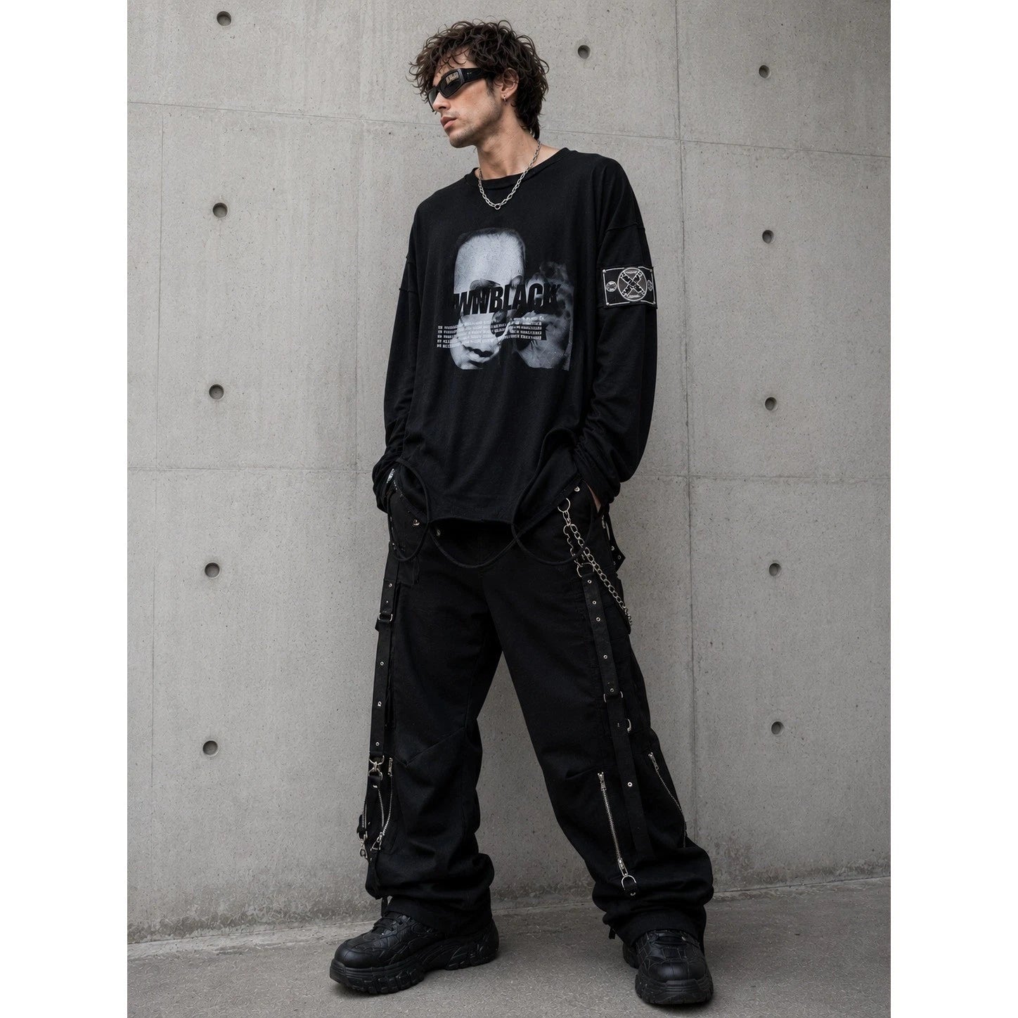 MWM Black Graphic Long Sleeve Distressed Oversized Tee Streetwear Cyber Japanese