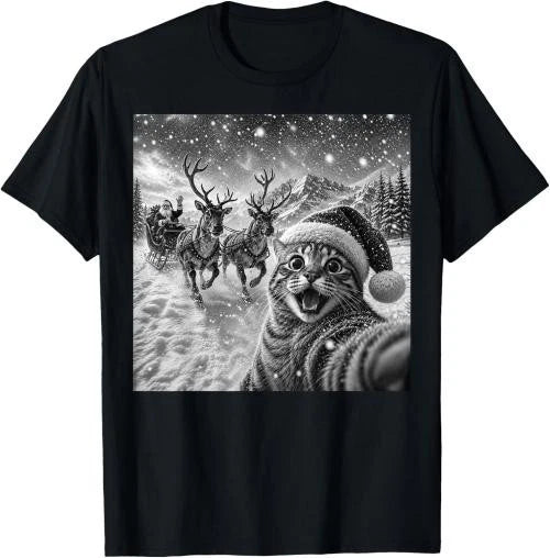 Christmas Cat Selfie Santa Sleigh Reindeer Men Women T-Shirt