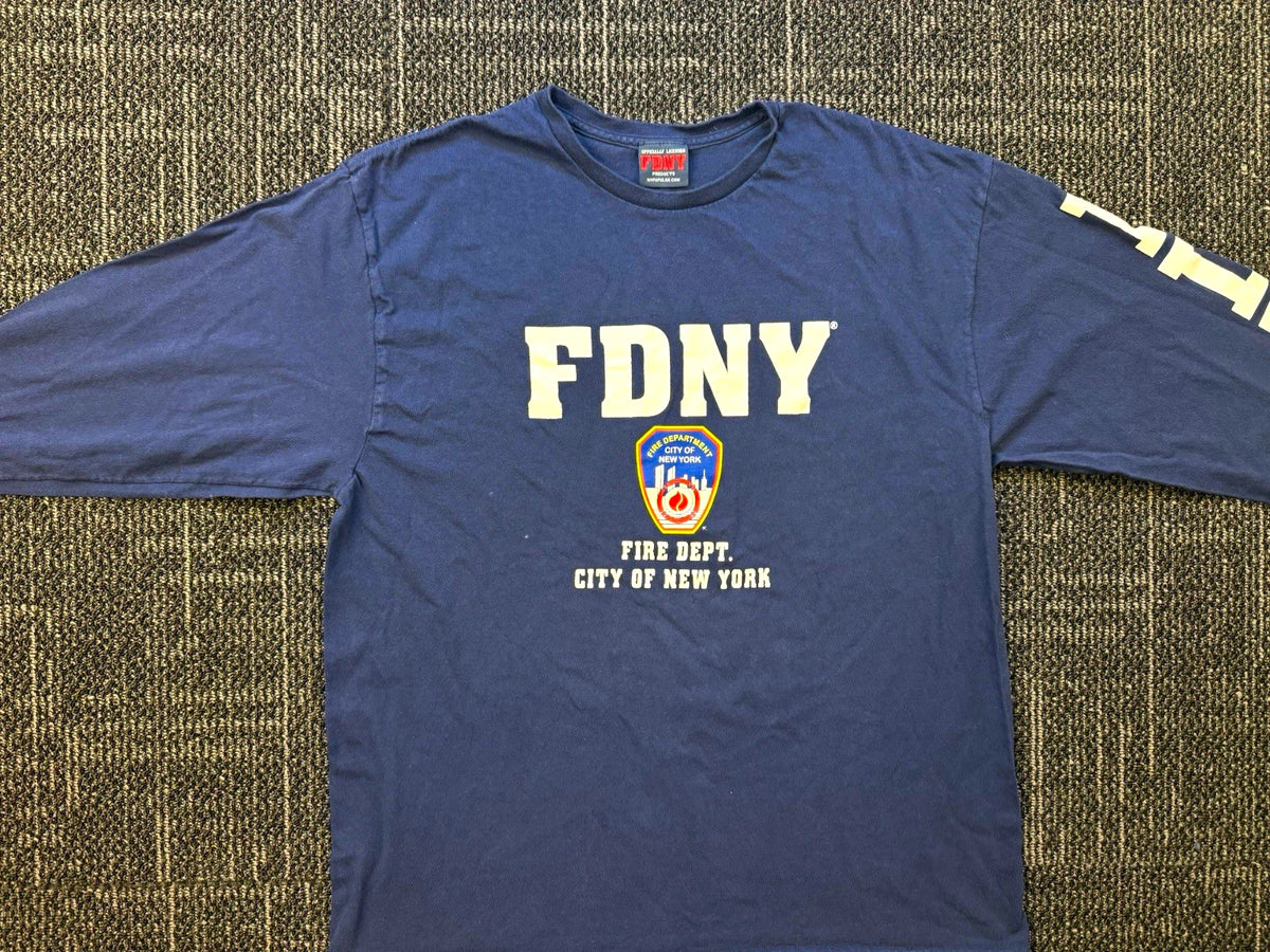 Vintage FDNY New York Firefighter Men's Blue Logo Graphic Long Sleeve T-Shirt XL