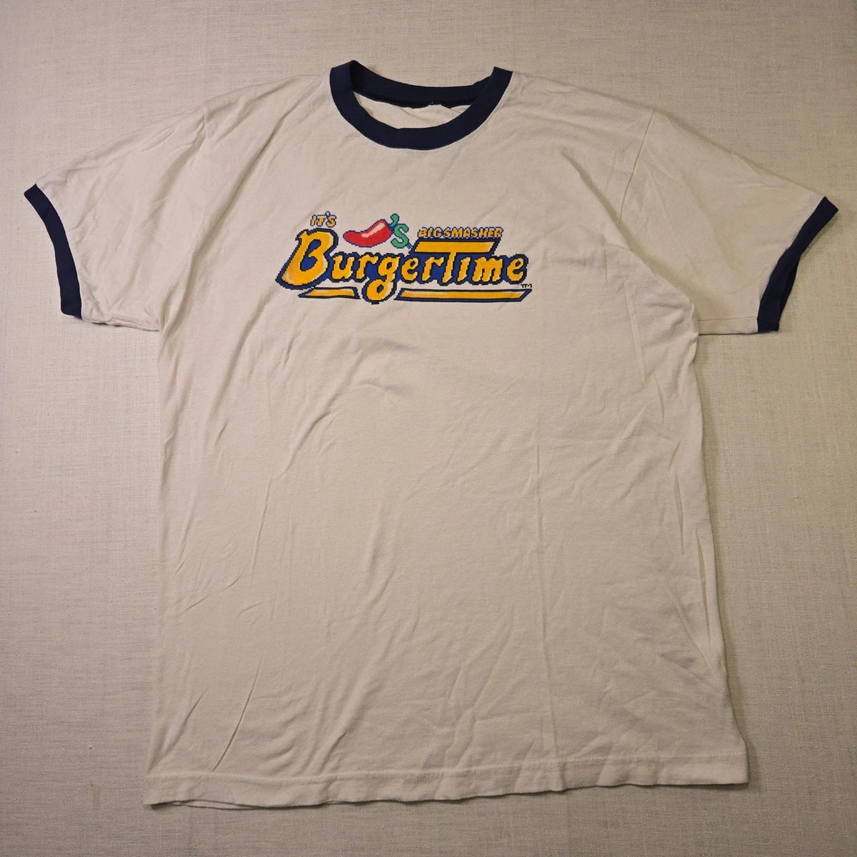 Chili's BurgerTime Retro Promo Shirt Tee Size Large Mens White Blue Arcade Gamer