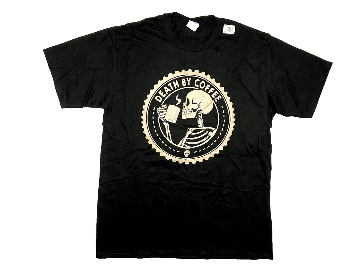 DEATH BY COFFEE Black SKELETON SKULL GRAPHIC T-SHIRT Barista Work Men's L New!