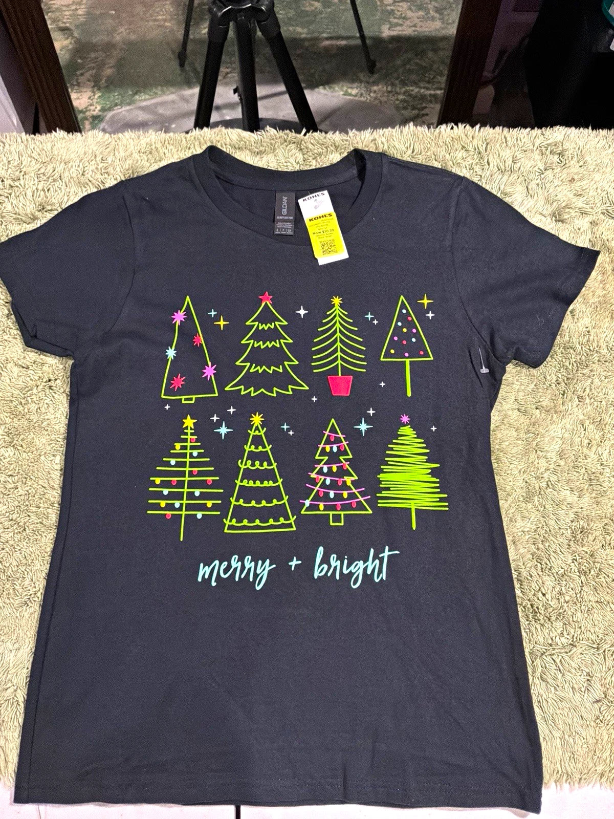 Gildan Heavy Cotton Unisex S Black Merry + Bright Christmas Trees T-Shirt Image 1 of 3