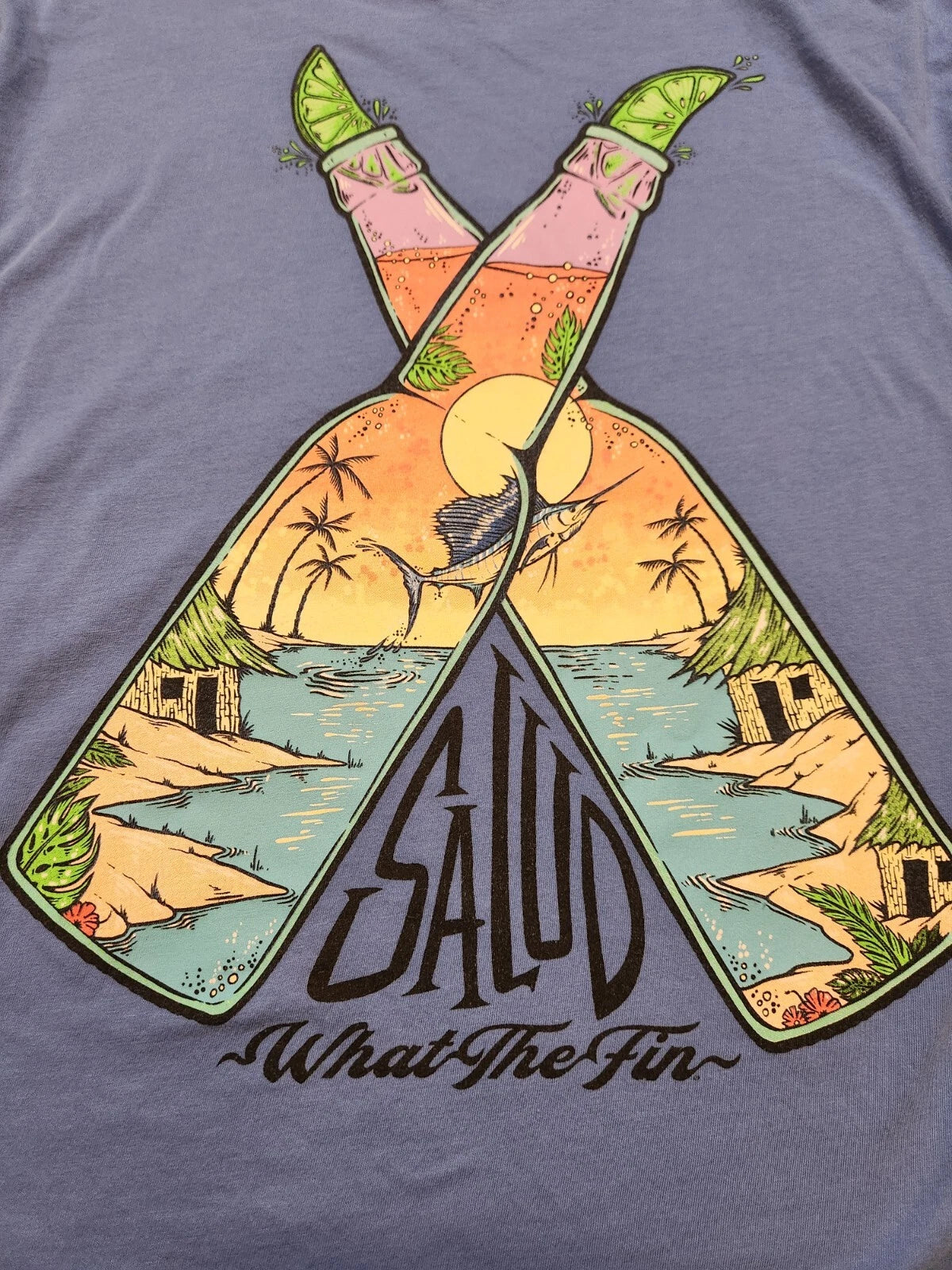 What The Fin Salud Crossed Beer Bottles Marlin Performance Fabric Blue T-Shirt L