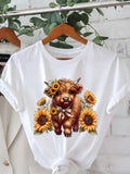 Highland Cow and Sunflower Print Tshirt, Short-sleeved Round Neck Casual Top