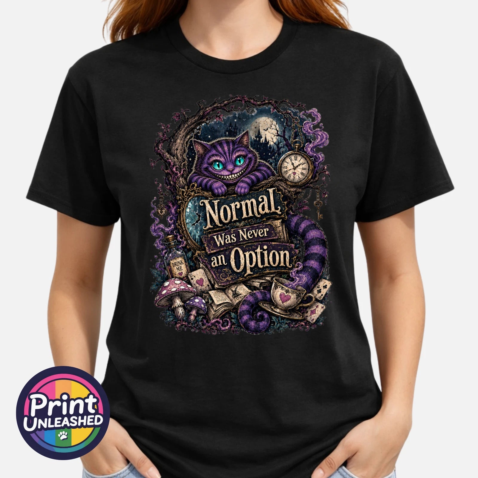 Normal Was Never An Option Tee Funny Grinning Cat Graphic T-Shirt Unisex S-2XL