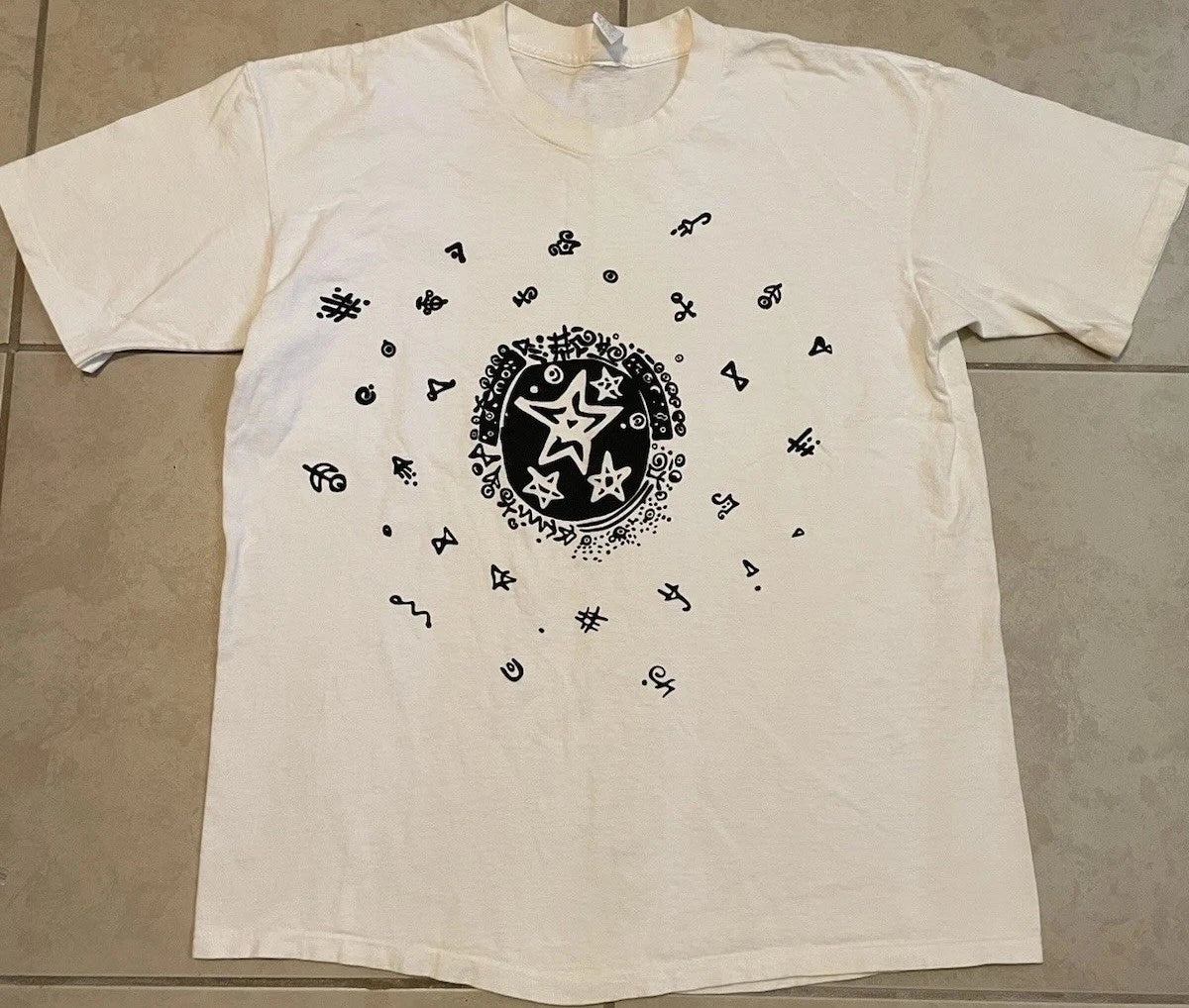 Vtg 90s Star Faded Abstract Art Shirt L Sun Moon Astrology Surf Skate Grunge 80s