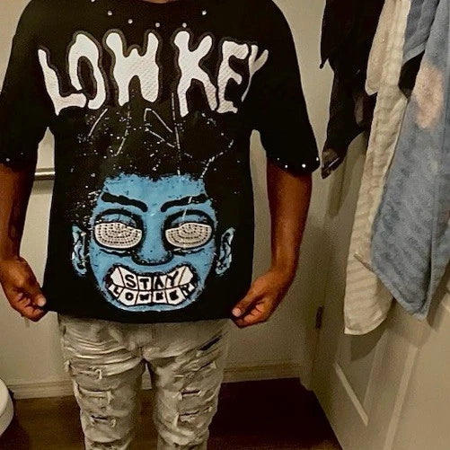 Men's Black "LOWKEY" Graphic Print Hip Hop Cotton Knit Crew Neck T-Shirt S