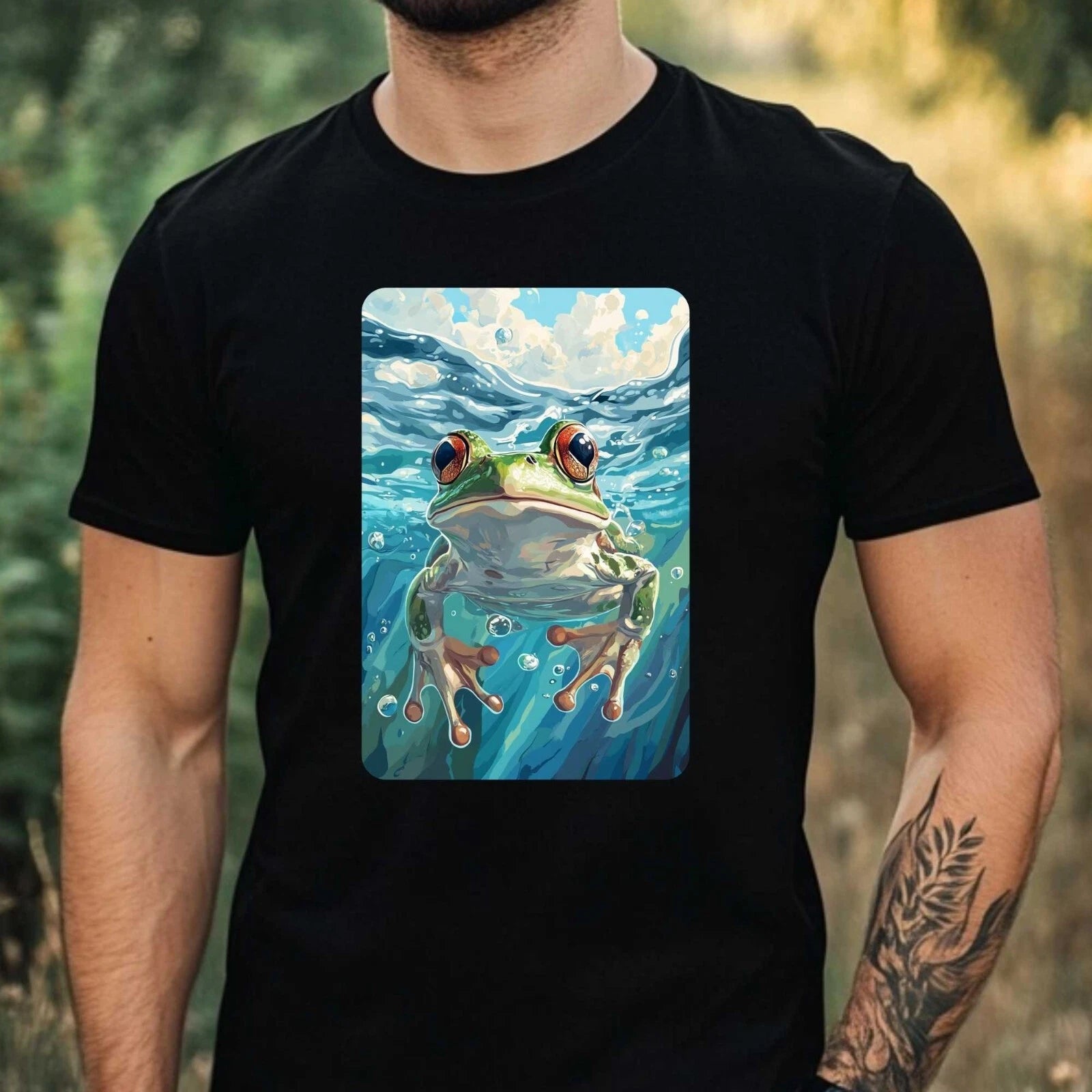 Mens Frog Swimming In Ocean Motif Cotton T-Shirt Size XS to 5XL