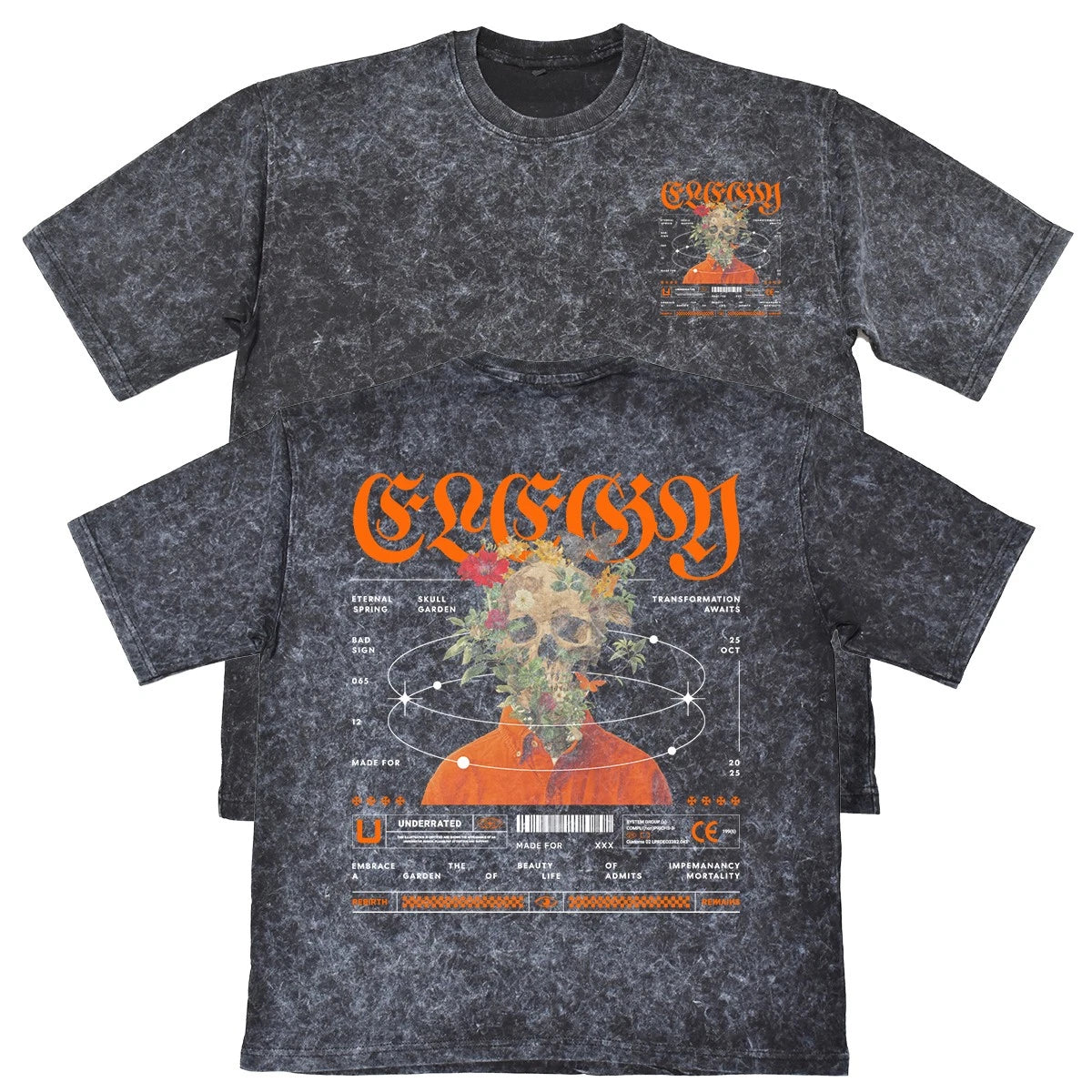 Elegy Skull Garden Unisex Mens Carbon Grey 240gsm French Terry Acid Wash T-Shirt