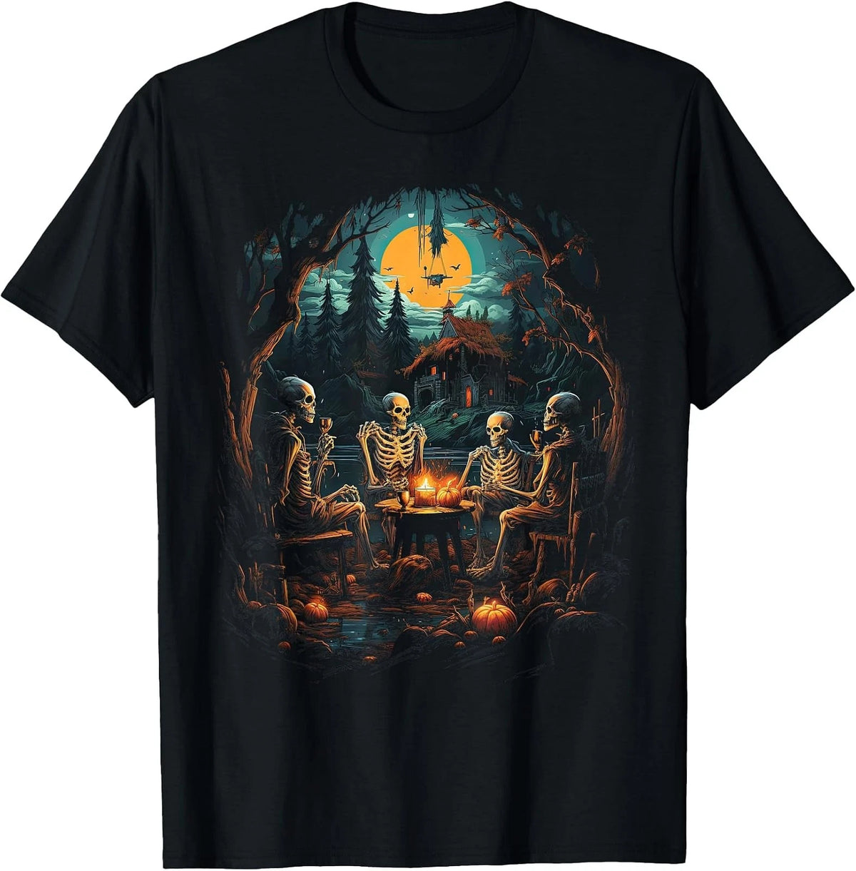 Retro Ghost & Skeleton Camping Halloween Tee - Gothic Style
