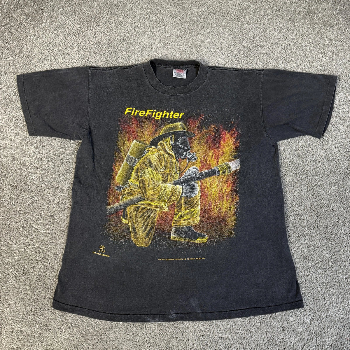 Vintage Firefighter Shirt Mens Large Black Oneita Double Sided Graphic 90s