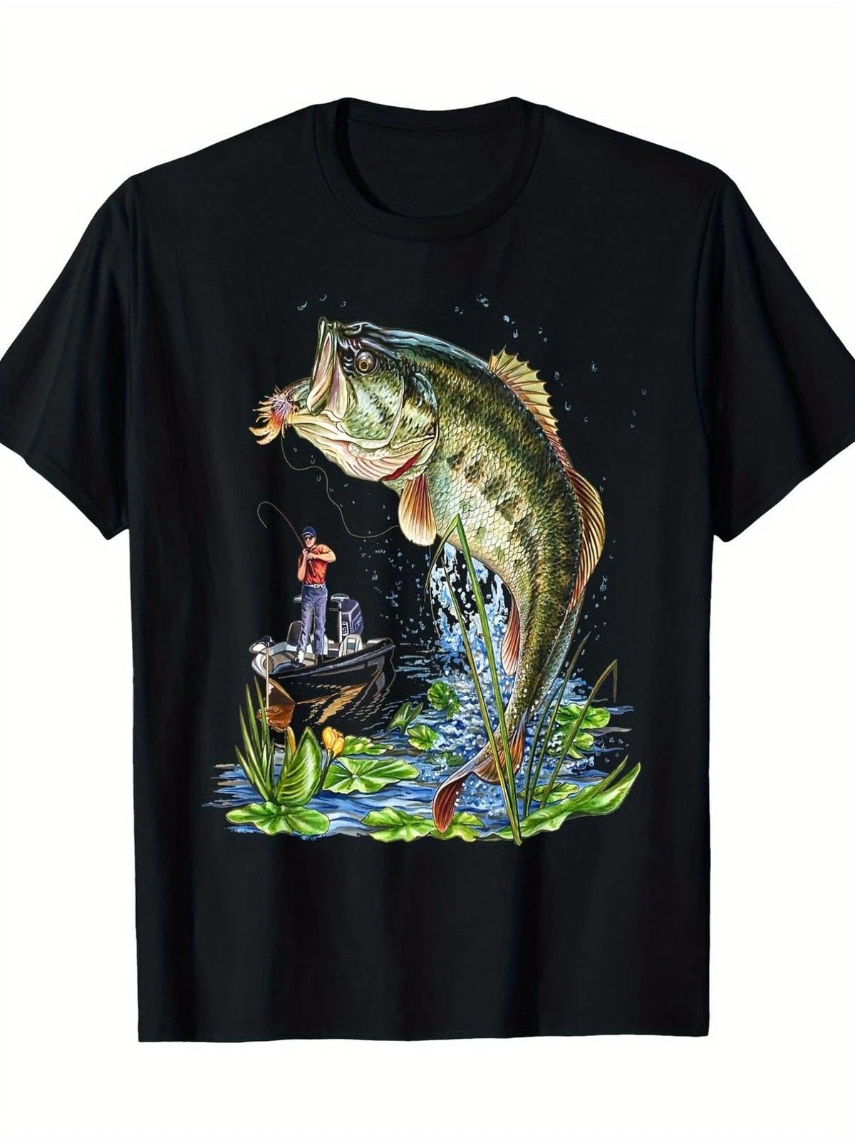 Men’s Largemouth Bass Fishing Graphic T-Shirt Jumping Fish Angler Outdoor Tee