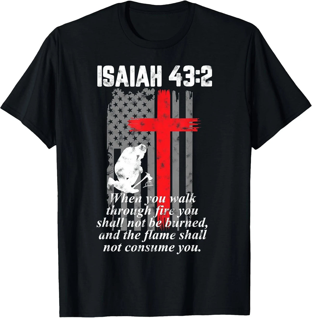 Thin Red Line Firefighter Cross American Flag T-Shirt - Small Size