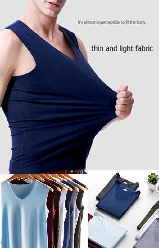 Men T shirt Casual Tank Top Tight-Fitting Gym Sports Ice Silk Vest Seamless Te ♪