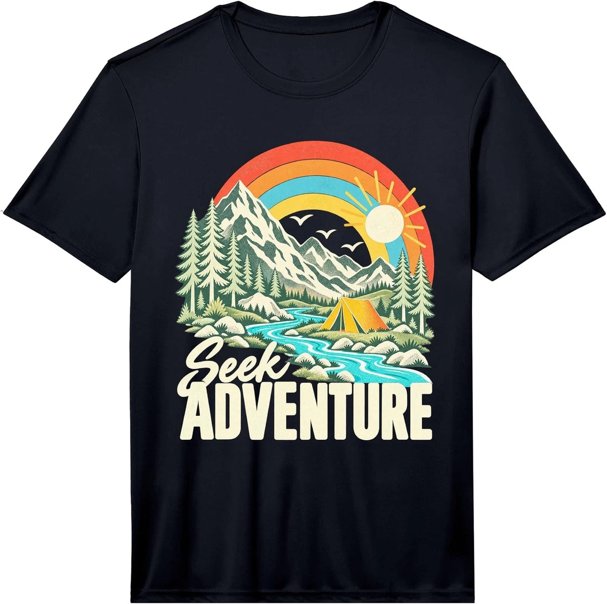 Retro Camping Rainbow Mountains Adventure Graphic Tee
