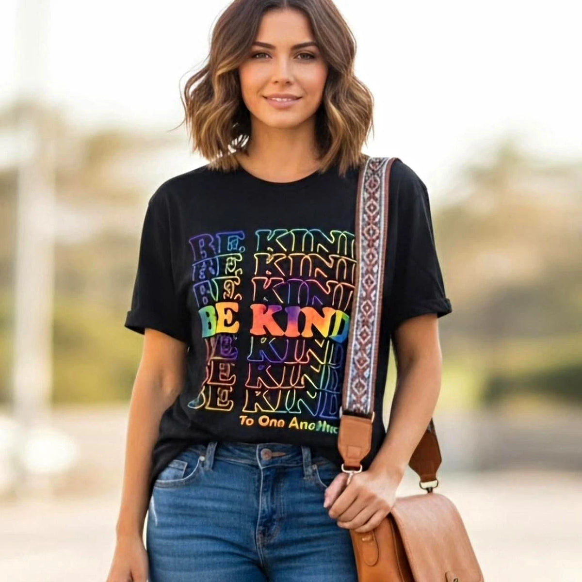 DOM Black "Be Kind" Rainbow Graphic Crew Neck Short Sleeve Cotton Tee L