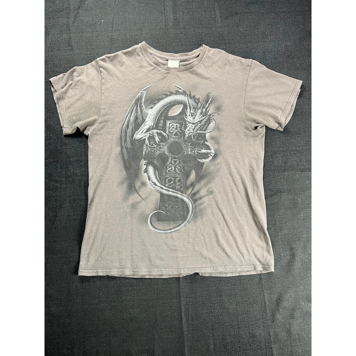 Vintage Delta Pro Weight Large Gray Cotton T-Shirt Dragon Cross Graphic Image 1 of 4
