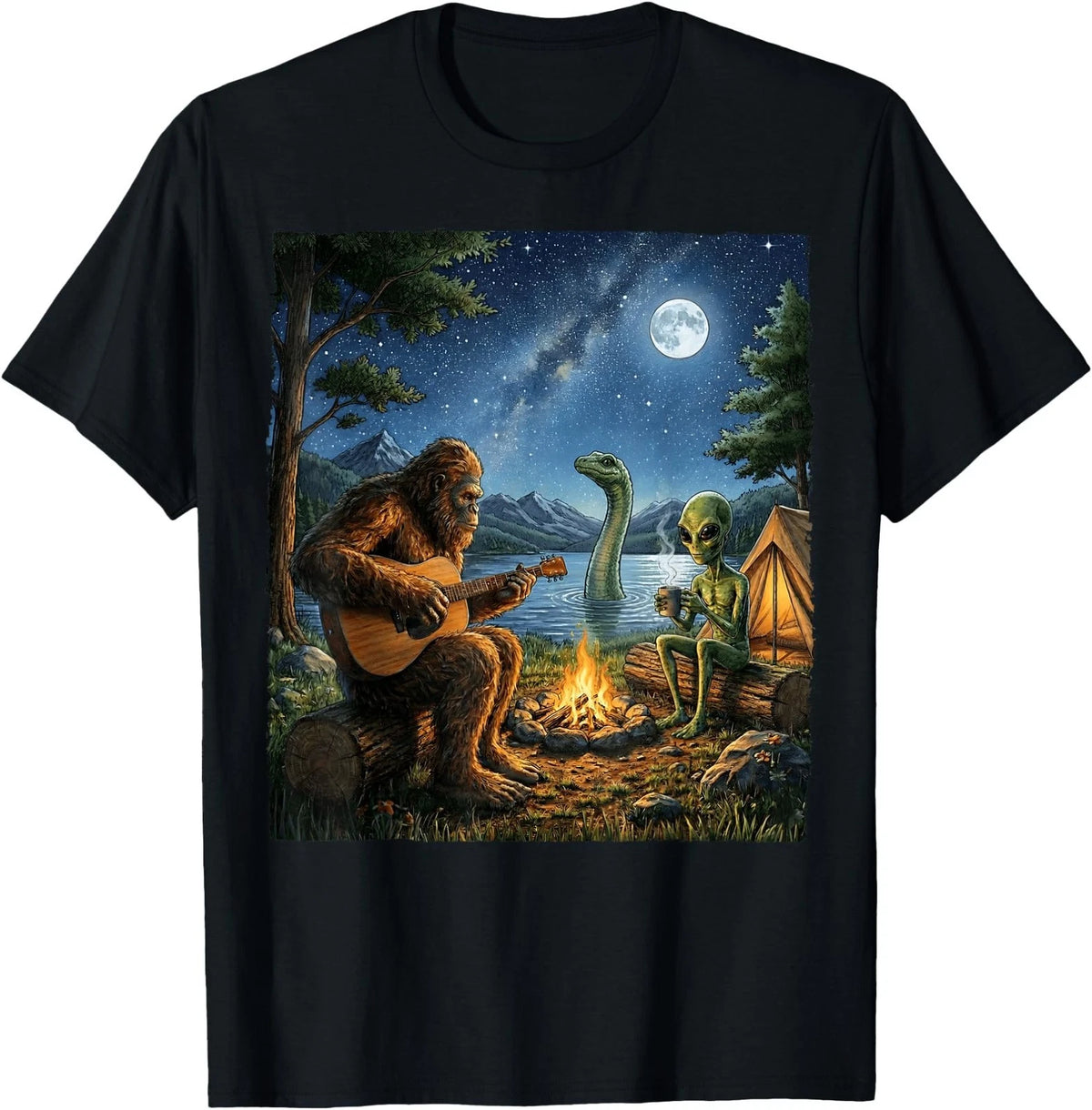 Bigfoot and Alien Loch Ness Campfire Sasquatch Funny Camping T-Shirt