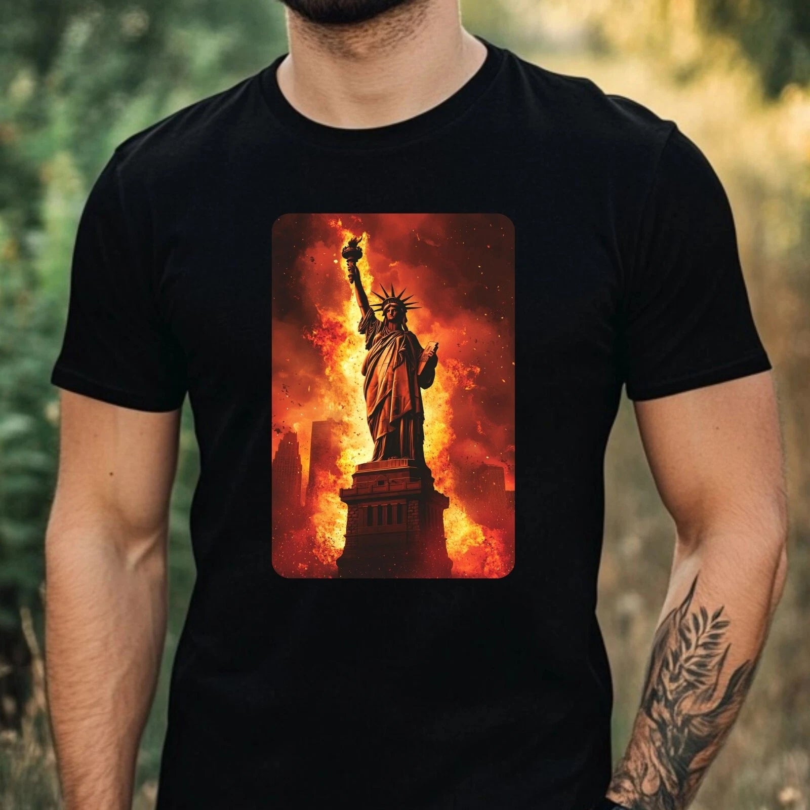 Mens Statue of Liberty On Fire Motif Cotton T-Shirt Size XS to 5XL