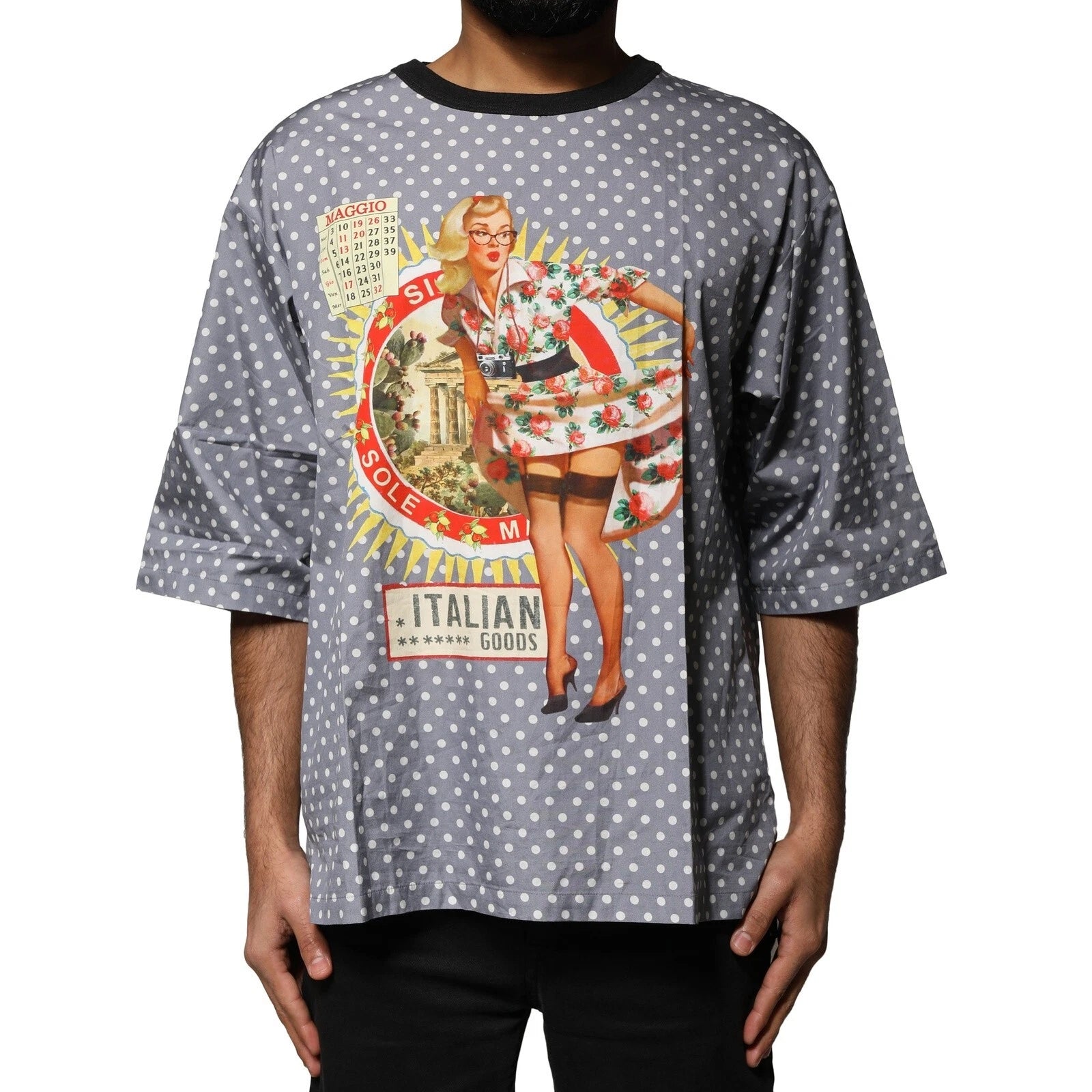 DOLCE & GABBANA T-shirt Gray Polka Dot Pin-Up Print Crew Neck IT48/US38/M 420usd