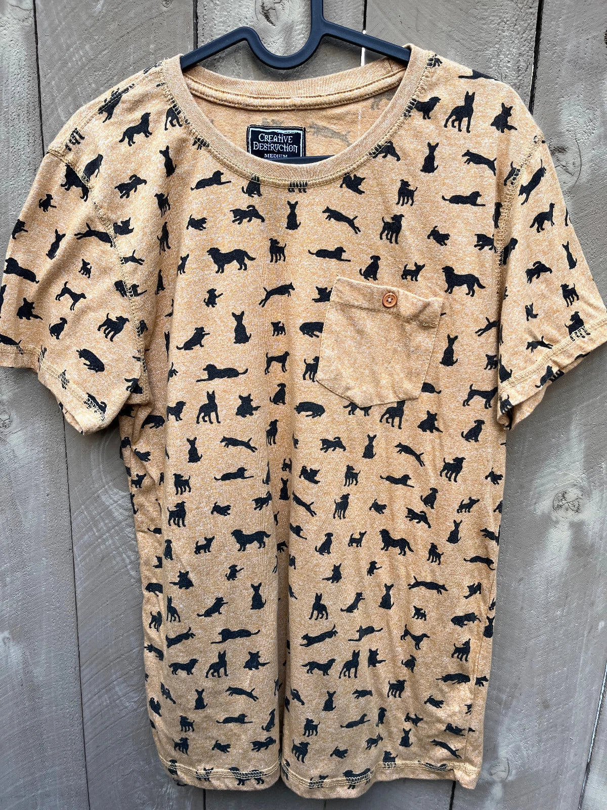 Creative Destruction Dog Print Yellow Pocket T-Shirt - Men's Sz M
