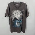Custom 77 Mens V-Neck Graphic Tee Charcoal Gray White Tree Blue Art Large