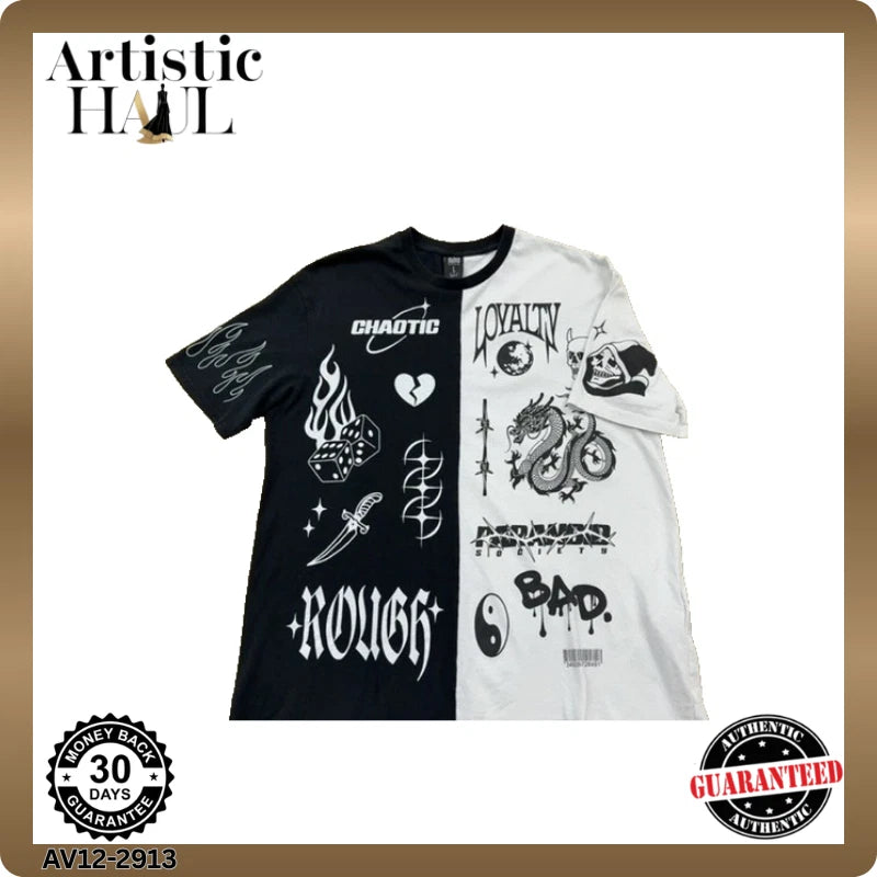 Black Squad Men's Black White Graphic T-Shirt Size L Streetwear