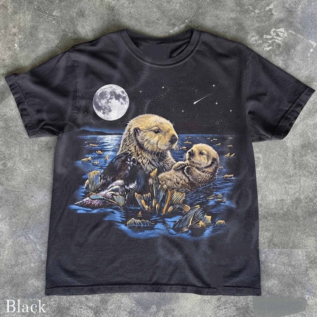 Sea Otter Graphic Tee Vintage Moonlit Ocean Wildlife Shirt Cute Otter Nature