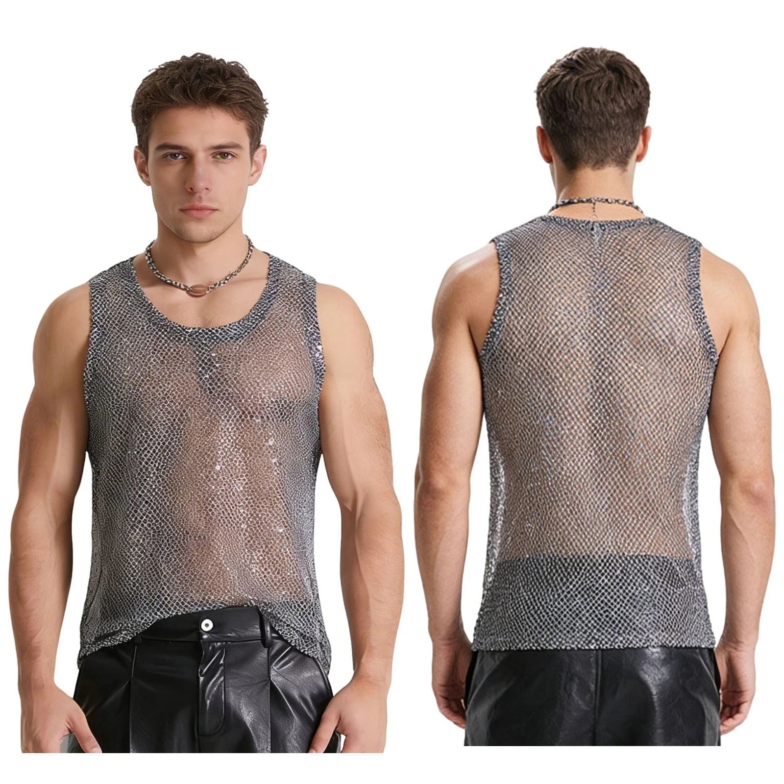 Men Vest Stretchy Tank Edgy Top Sparkly Clubwear Sheer Fishnet Festival Trendy