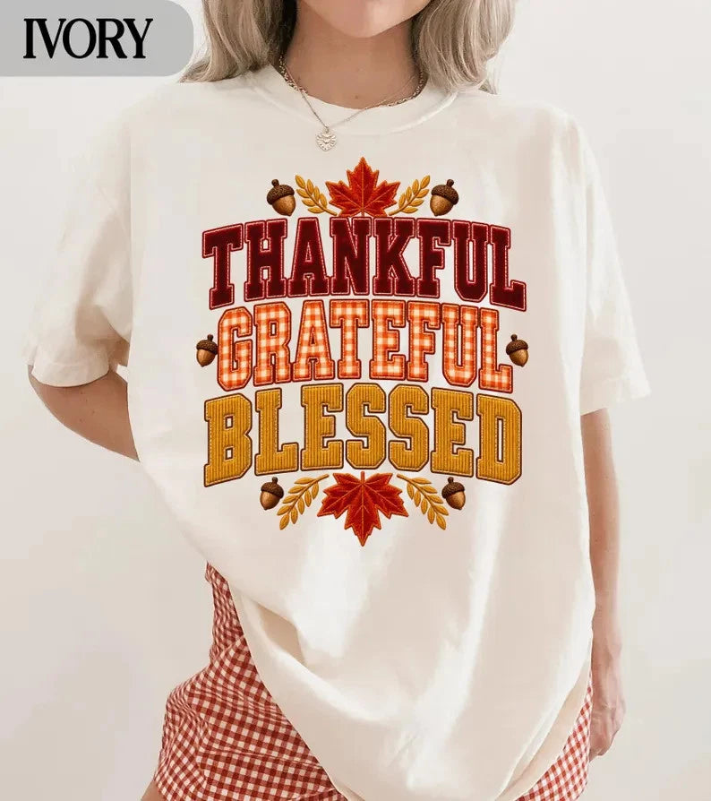 Thankful Grateful Blessed T-Shirt Thanksgiving Autumn Fall Leaves Graphic Tee