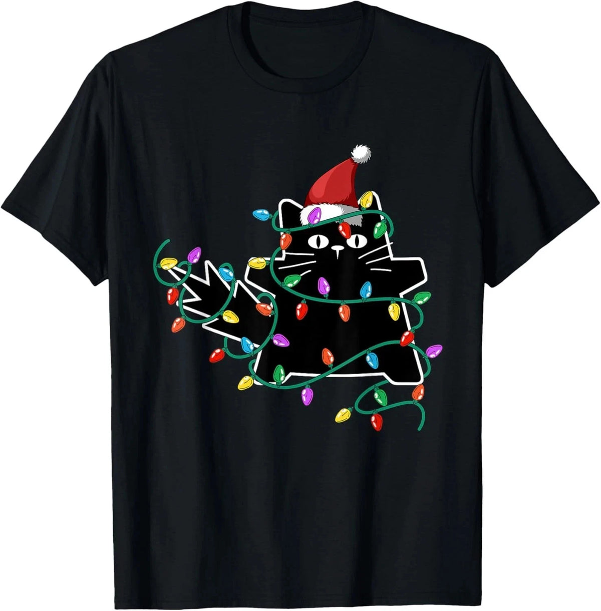 Black Cat Christmas Tree Lights Funny Santa Kitten T-Shirt Sizes S-5XL Image 1 of 4