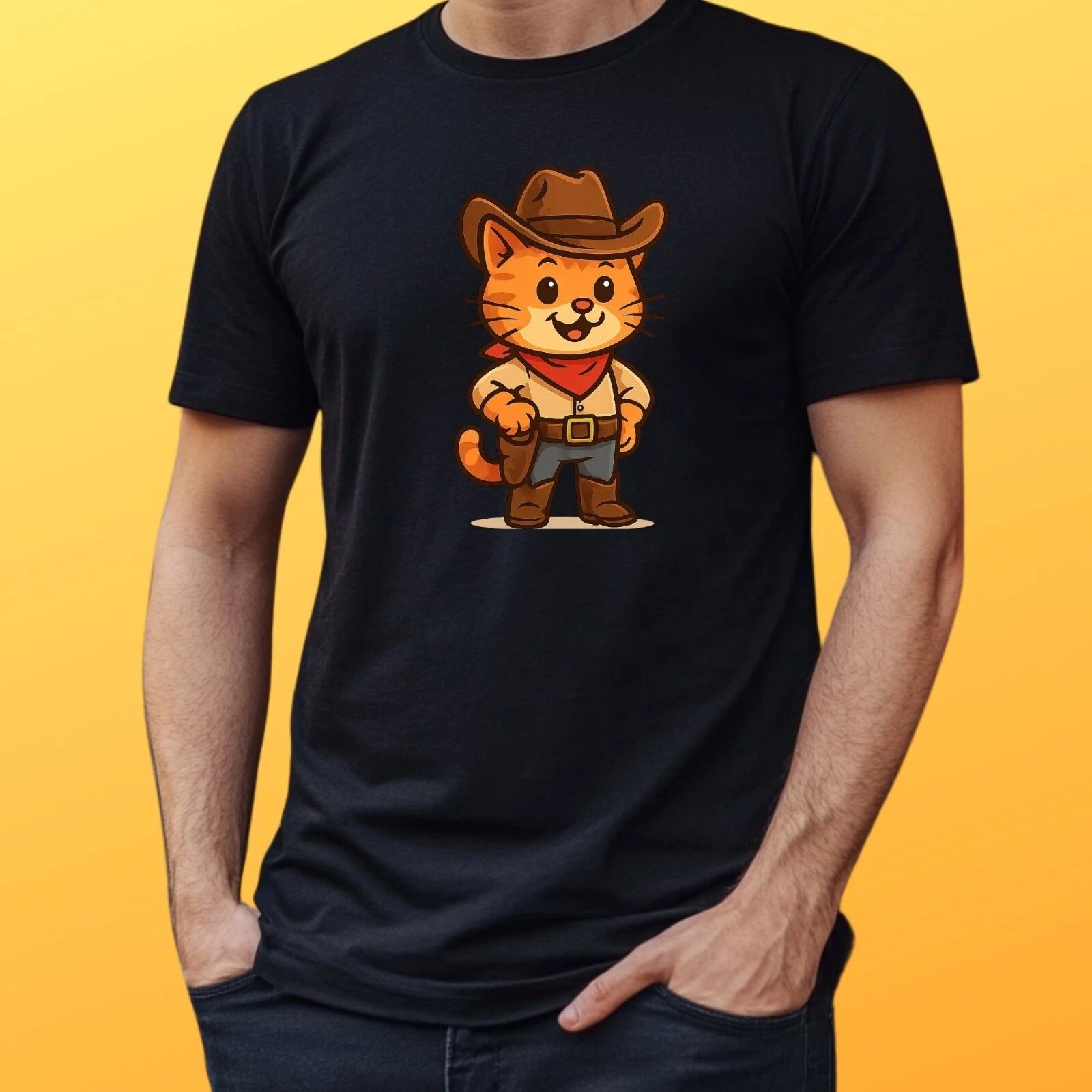 Mens Cowboy Cat Print Cotton T-Shirt Size XS to 5XL