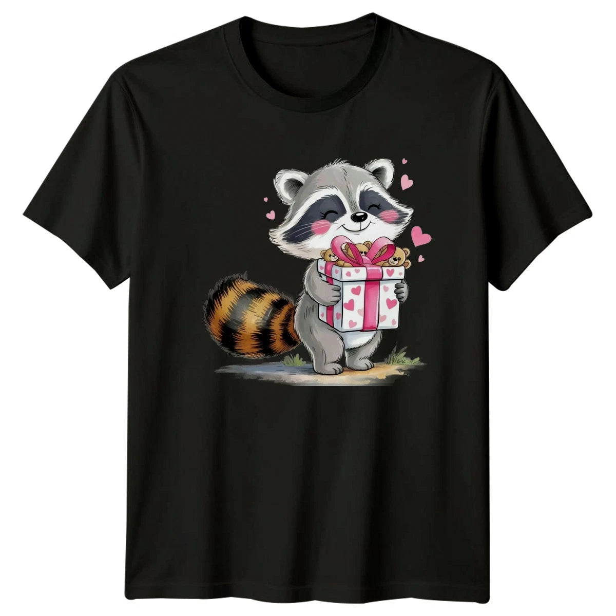 Raccoon With Gift Box Animals Men�s T-Shirt Women�s Tee Graphic Unisex Top