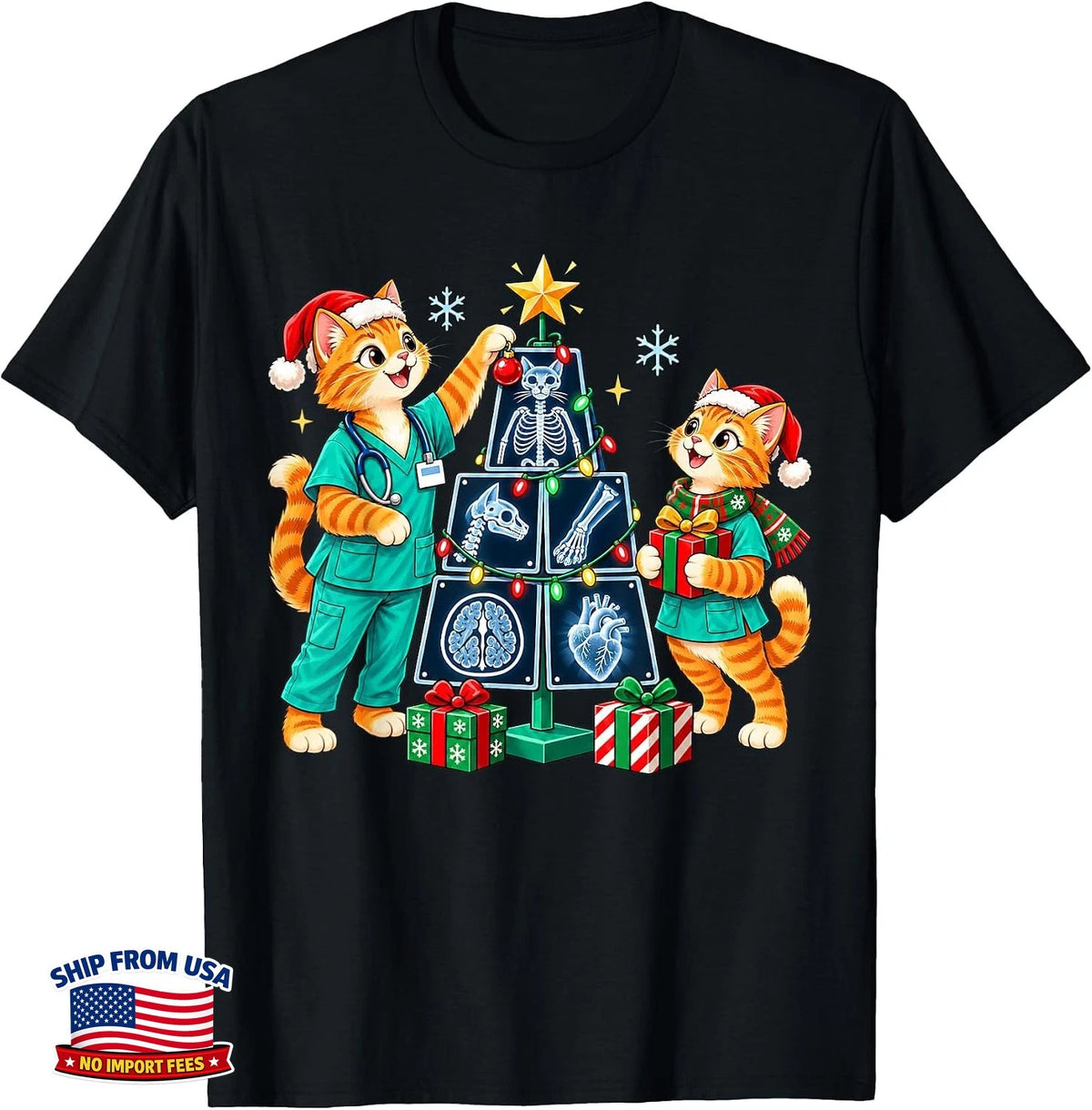 Funny Christmas Cat Santa Radiology CT MRI Tech T-Shirt D8 Image 1 of 4